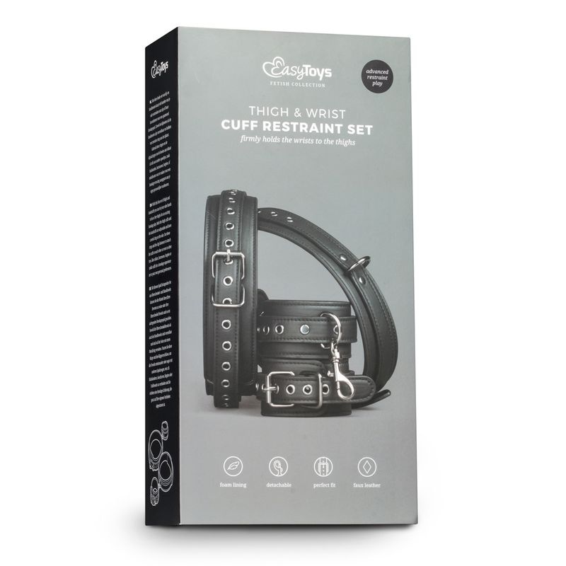 Thigh and Wrist Cuff Set packaging showcasing durable faux leather cuffs for BDSM enjoyment.