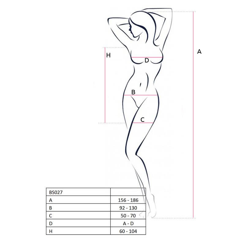 Size chart for translucent open side dress with measurements for A, B, C, D, and H dimensions.