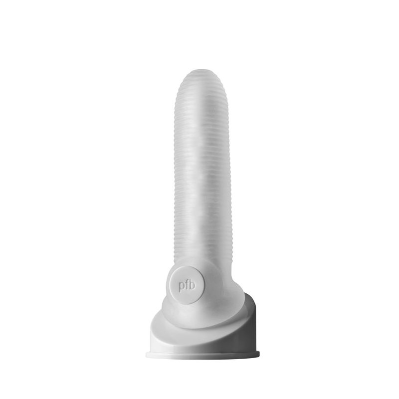 Fat Boy Micro Rib sheath in white, showcasing its textured design and unique shape for a comfortable experience.