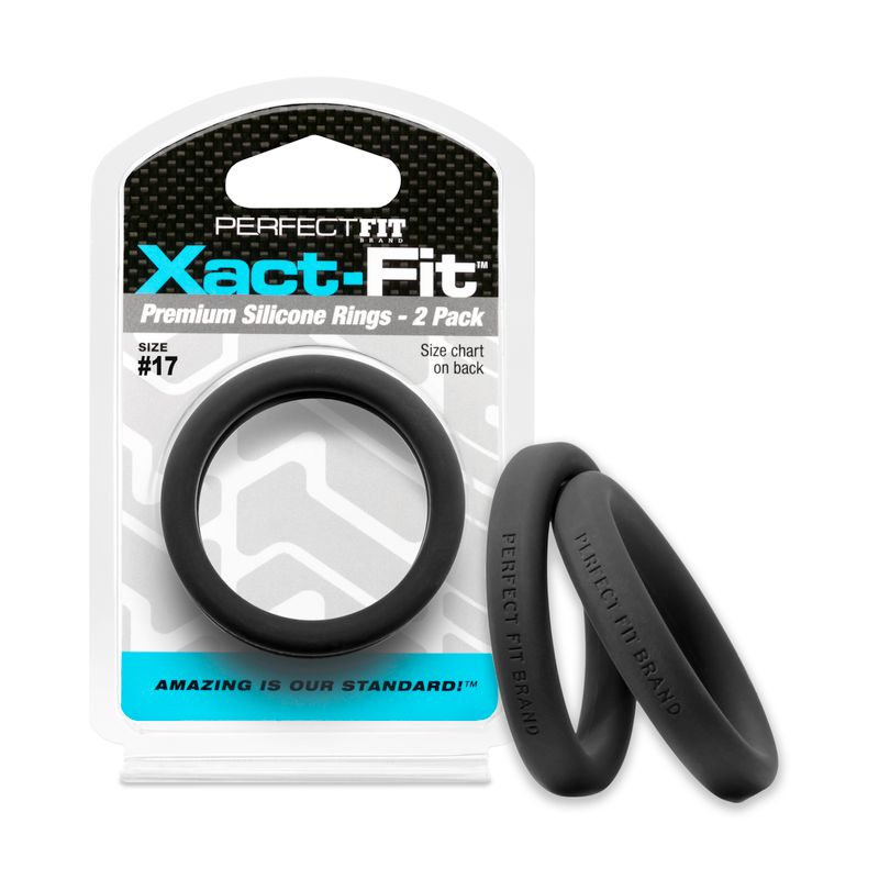 Xact-Fit #17 1.7in 2 Pk premium silicone cock rings packaging with two rings displayed for intimate essentials.