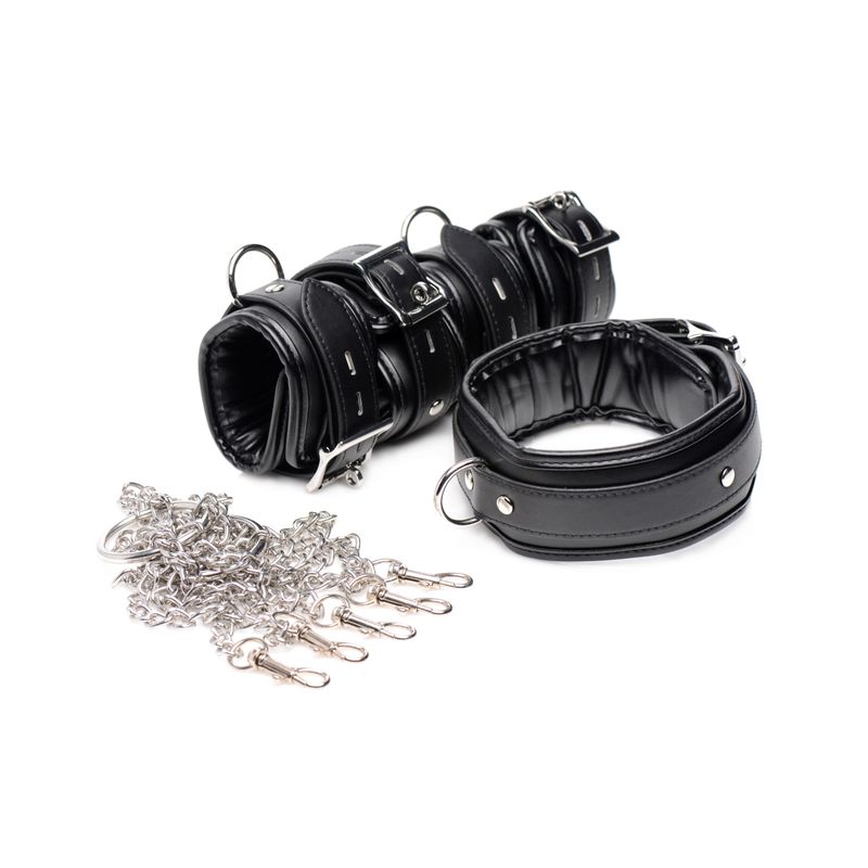 Slave Bondage Shackle Set featuring leather-like cuffs, adjustable collar, and chains for complete restraint.