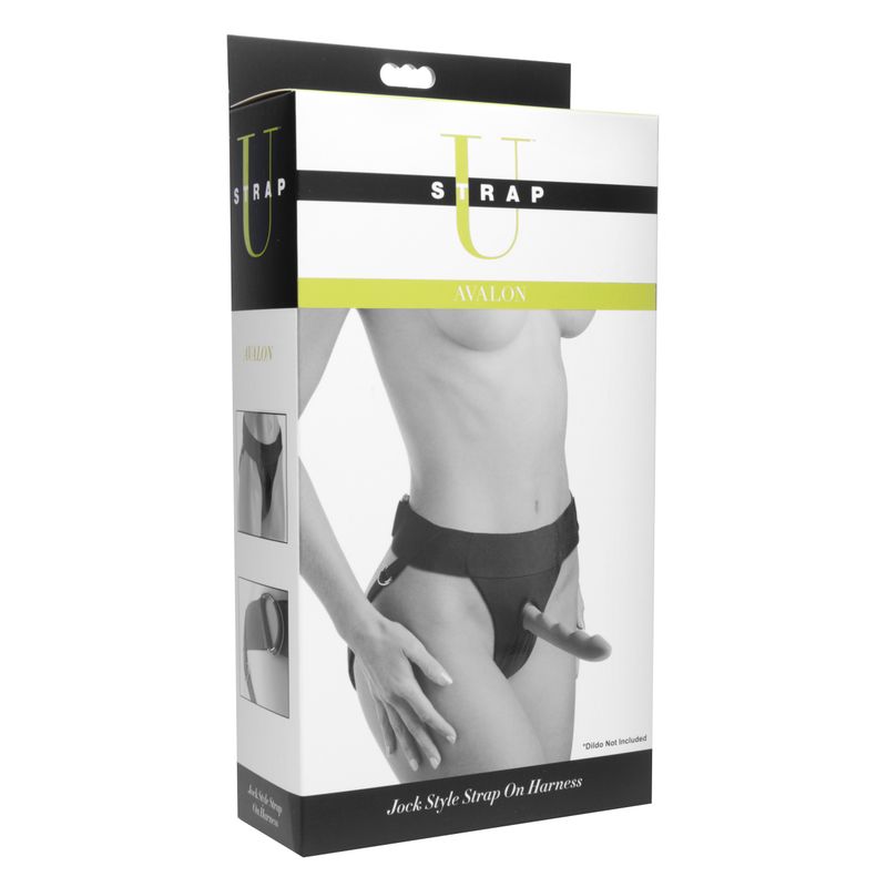 Avalon Jock Style Strap On Harness packaging showcasing unique design and adjustable features.
