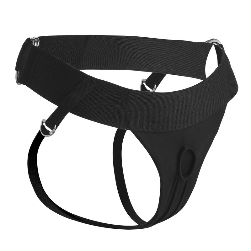 Avalon Jock Style Strap On Harness featuring adjustable straps and X style fabric panels for comfort and secure fit.