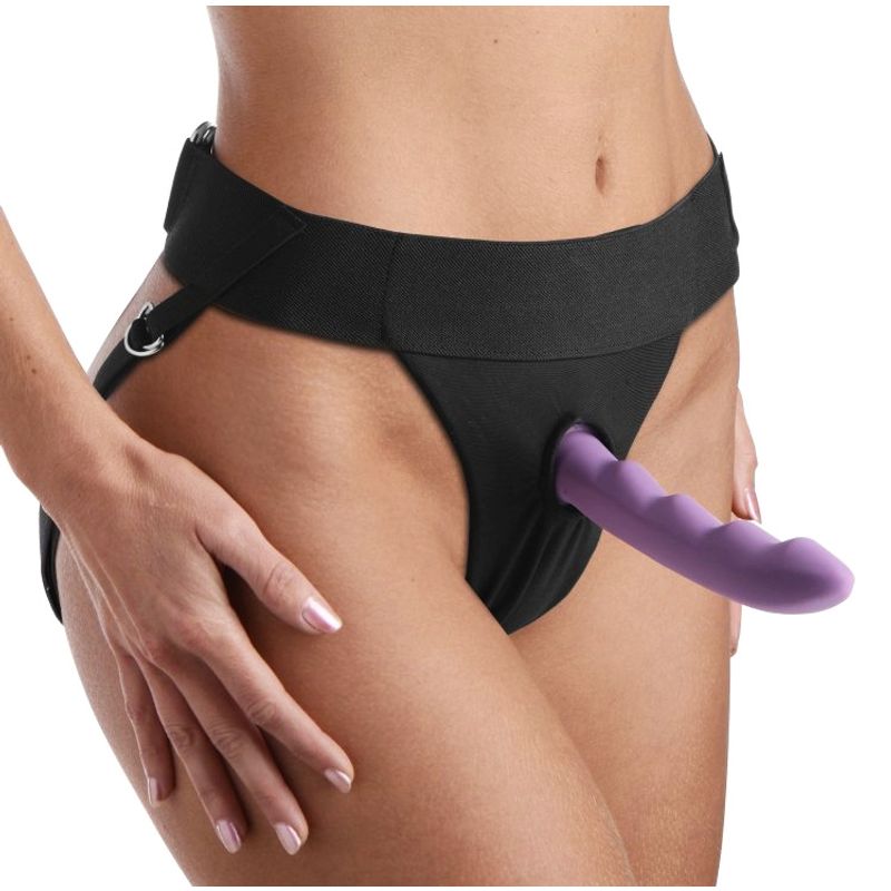 Avalon jock style strap on harness with purple dildo, designed for comfort and adjustable fit, ideal for extended wear.