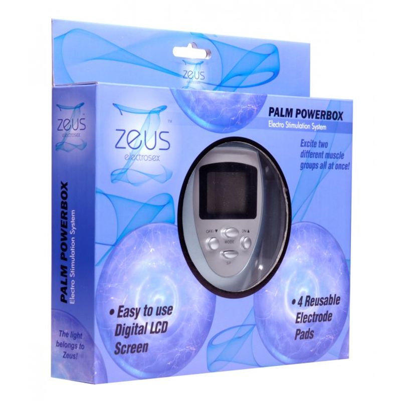 Zeus Palm Powerbox electrosex device packaging with LCD screen and electrode pads.