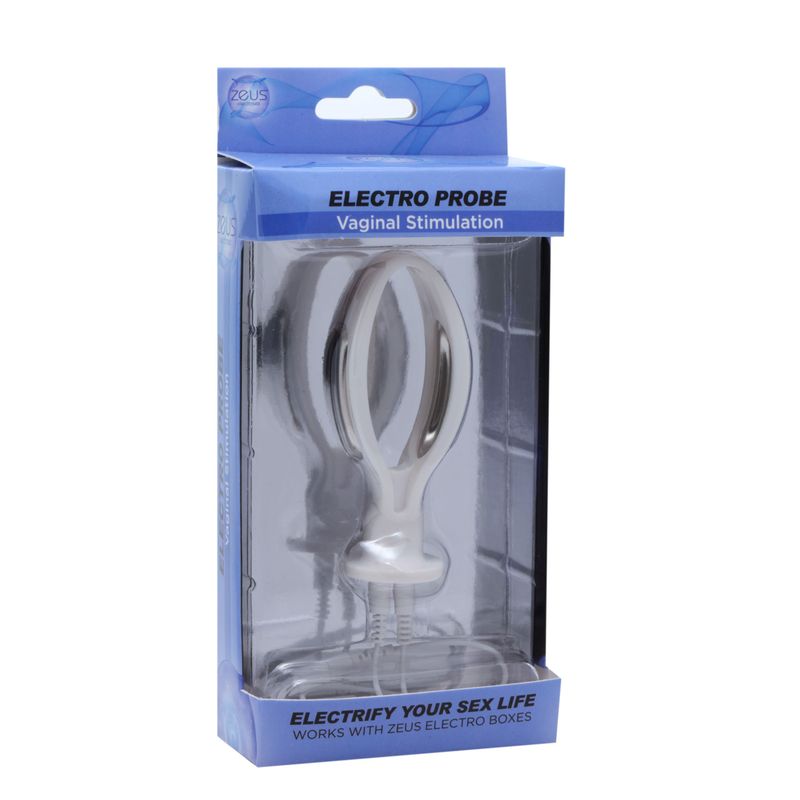 Zeus Electro Pussy Probe packaging for vaginal stimulation and electrifying pleasure.