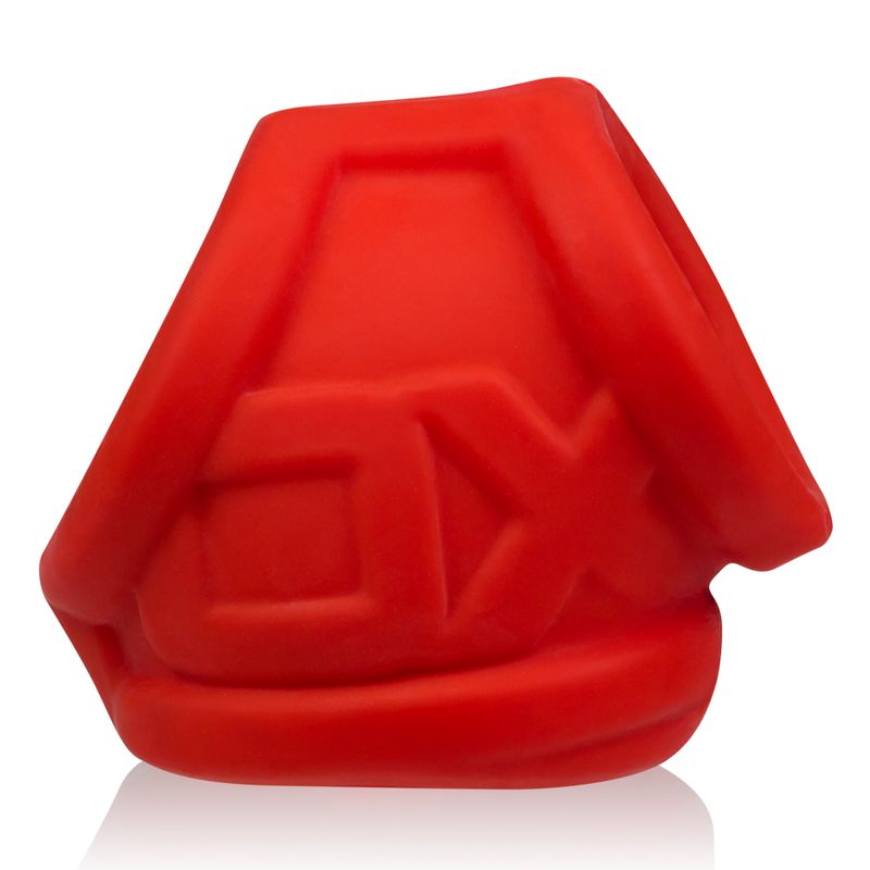 Red silicone cocksling featuring reinforced openings for enhanced support and comfort.
