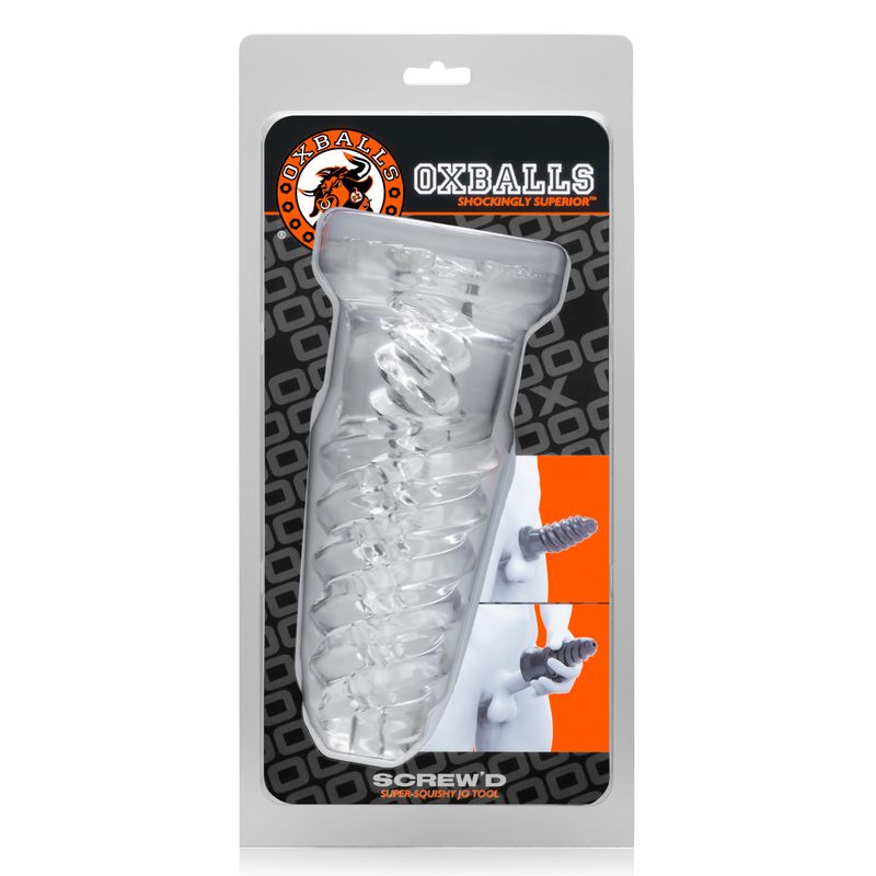 ScrewD Super Squish Corkscrew Jackoff Toy Clear packaging showcasing corkscrew jerk off toy design.