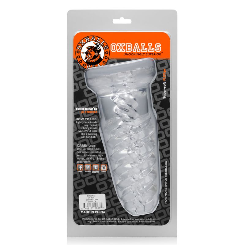 ScrewD Super Squish Corkscrew Jackoff Toy Clear packaging featuring corkscrew jerk off toy design and usage instructions.
