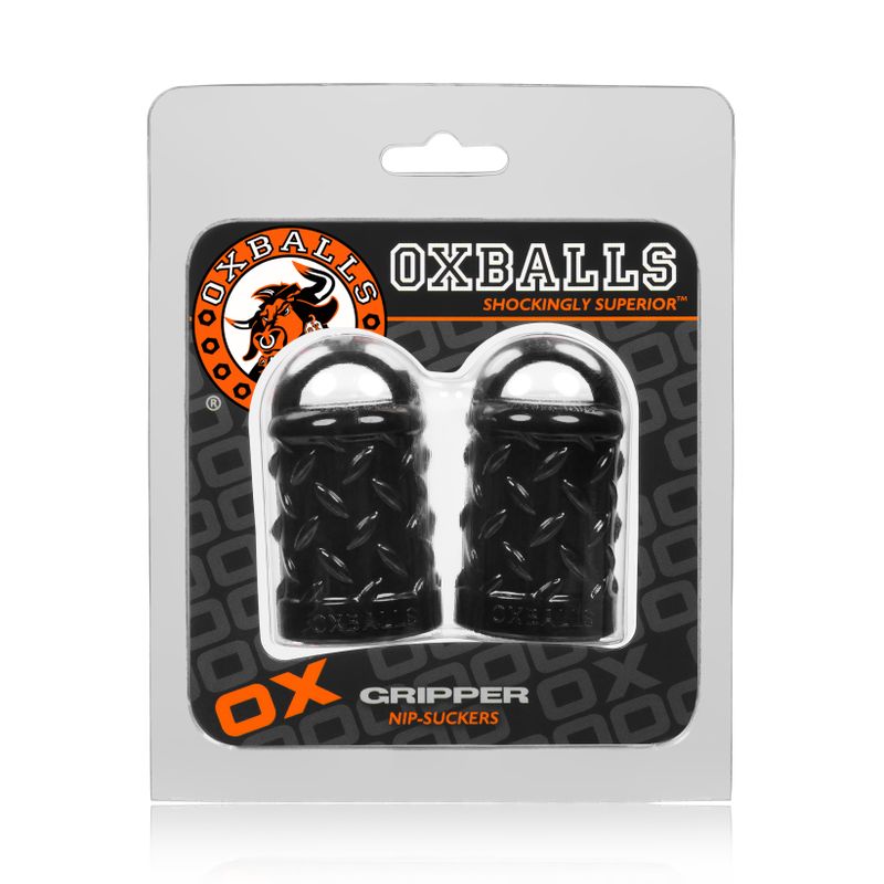 Gripper Nipple Puller Black packaging featuring two nipple suckers by OXBALLS for intimate play.