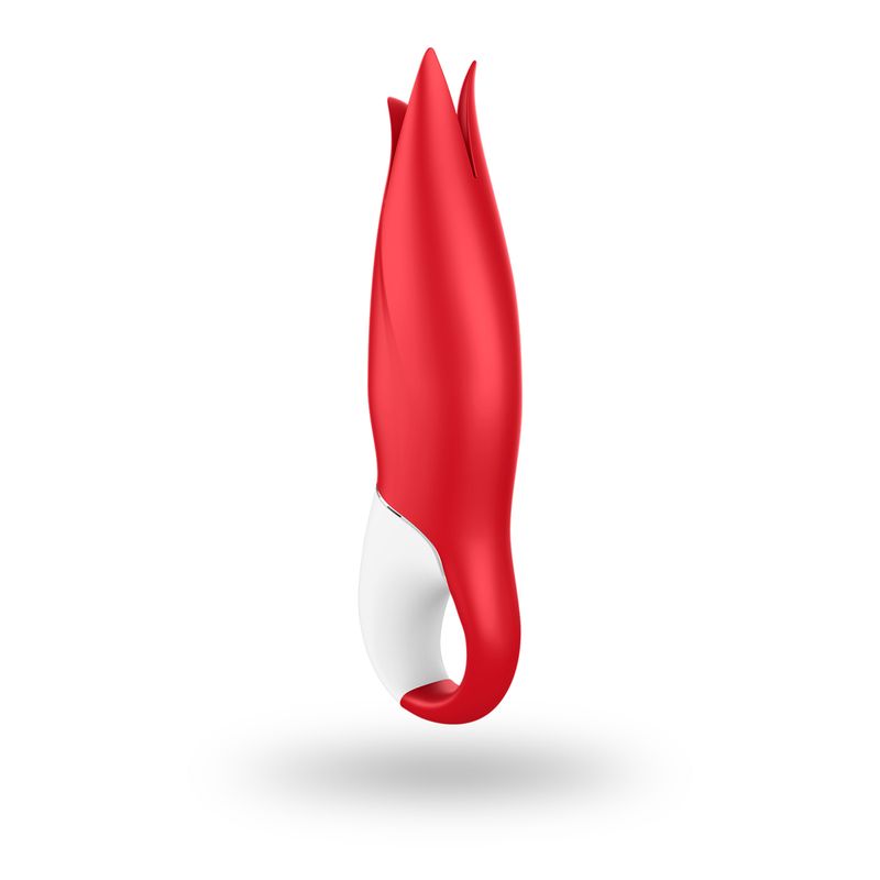 Satisfyer Vibes Power Flower vibrator in radiant Strawberry Red with split tips for versatile stimulation.