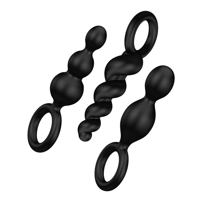 Satisfyer Plugs Booty Call 3 Pc Black - trio of flexible silicone dildos for anal pleasure and exploration.