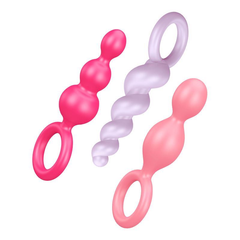 Satisfyer Plugs Booty Call 3 Pc Colour set of silicone dildos for anal pleasure silicone dildos, featuring flexible designs.