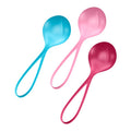 Satisfyer loveballs set including three colorful silicone strengthening balls in pink, blue, and red.