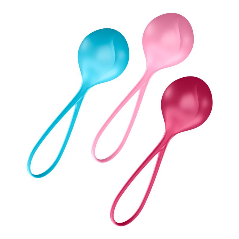 Satisfyer loveballs set including three colorful silicone strengthening balls in pink, blue, and red.