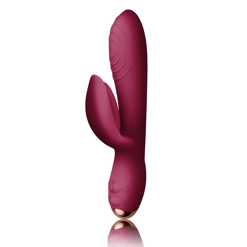 Burgundy rabbit vibrator with sleek design and dual motors for enhanced pleasure and satisfaction.