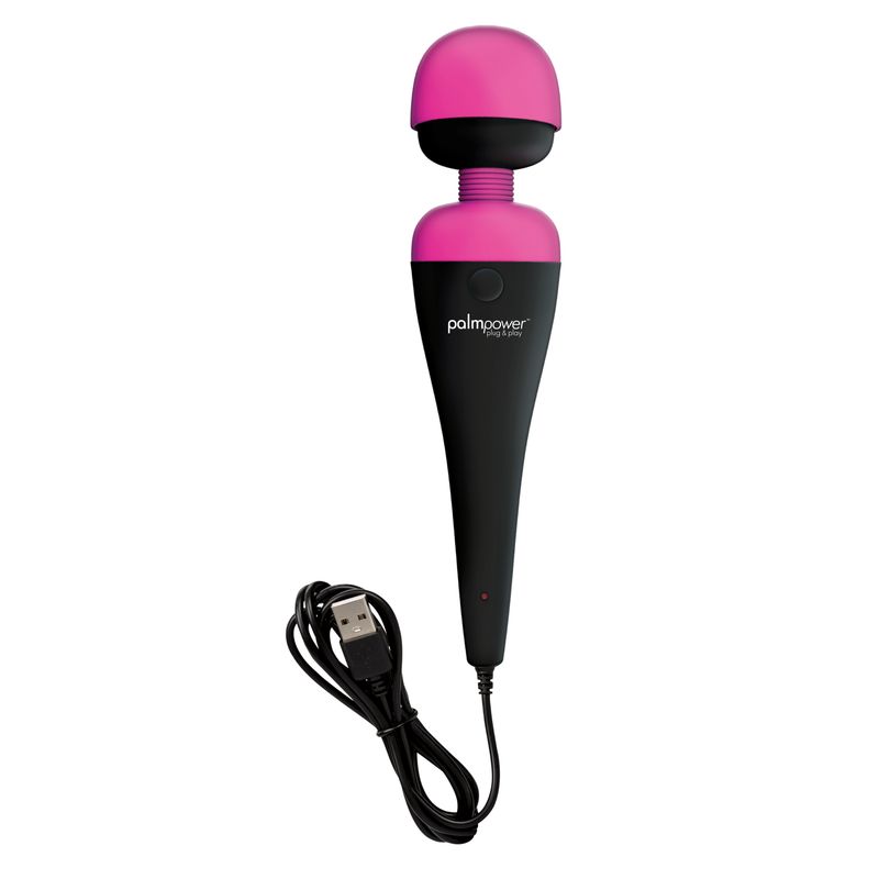 PalmPower massage wand USB in black and pink with power cord, perfect for intense relaxation and massage.