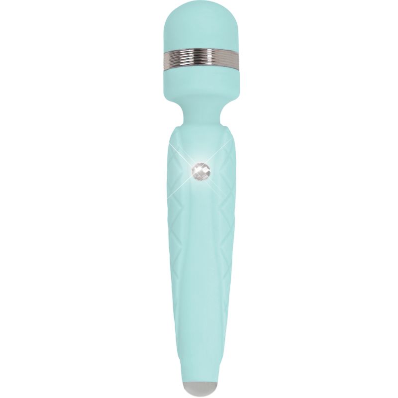Pillow Talk Cheeky Teal wand featuring a turquoise design and dazzling crystal button for comfort and style.