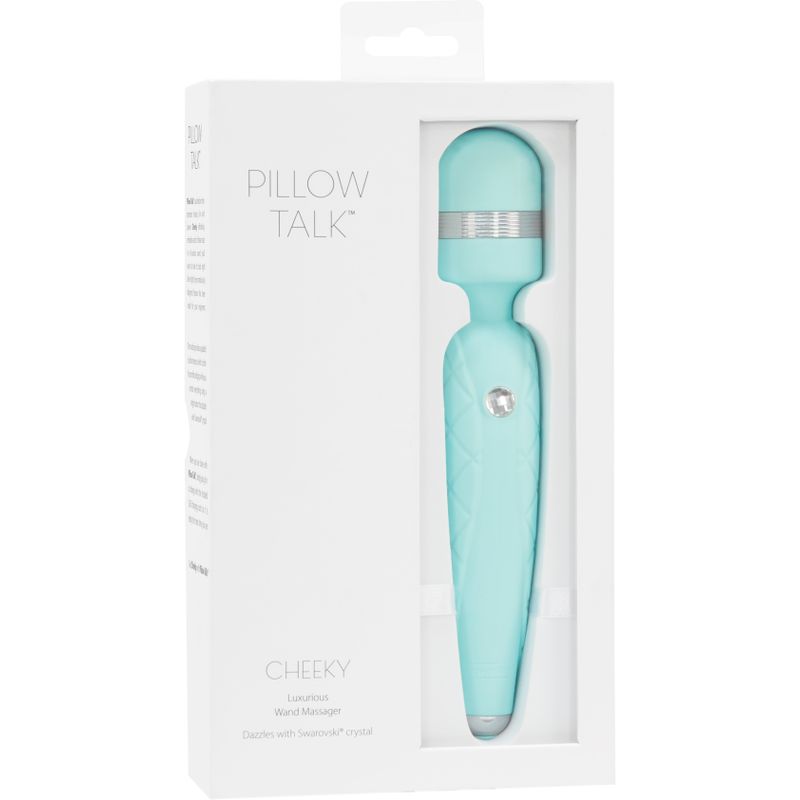 Pillow Talk Cheeky Teal wand in packaging showcasing its luxurious design and features.