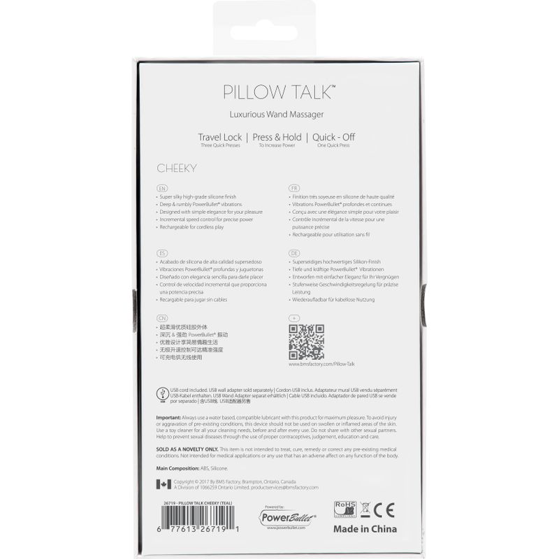 Pillow Talk Cheeky Teal luxurious wand massager packaging with instructions and features.