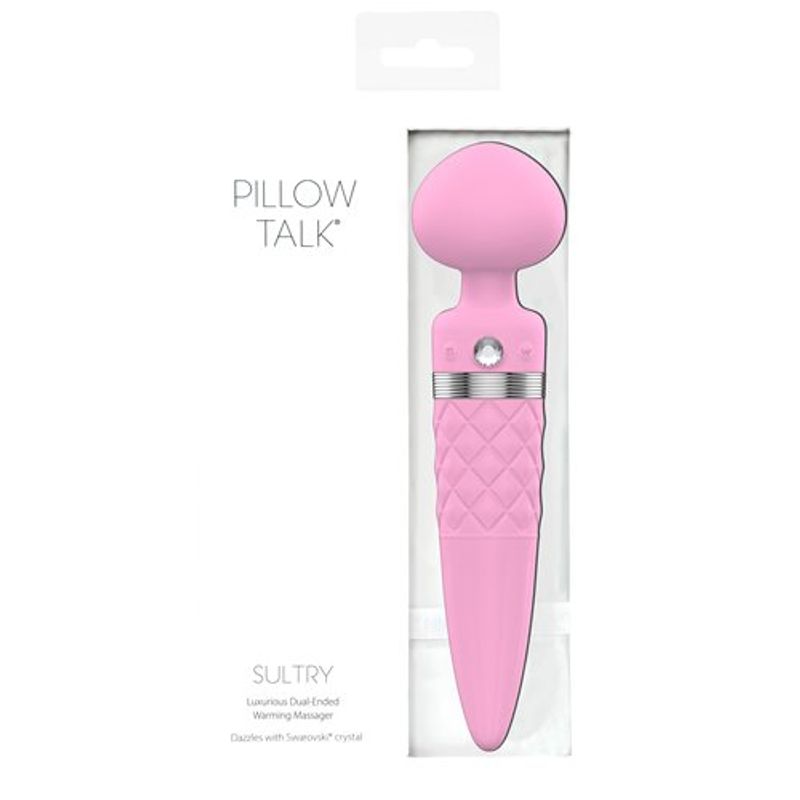 Pillow Talk Sultry dual ended warming massager in pink packaging showcasing its luxurious design and features.