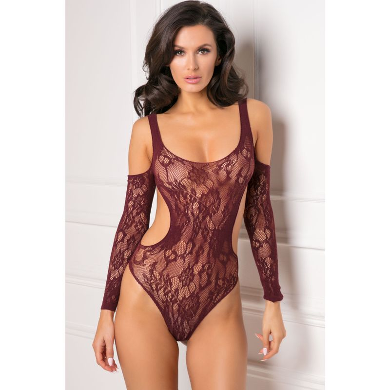 Set The Mood Bodysuit featuring an off-the-shoulder bodysuit style with long sleeves and lace detail.