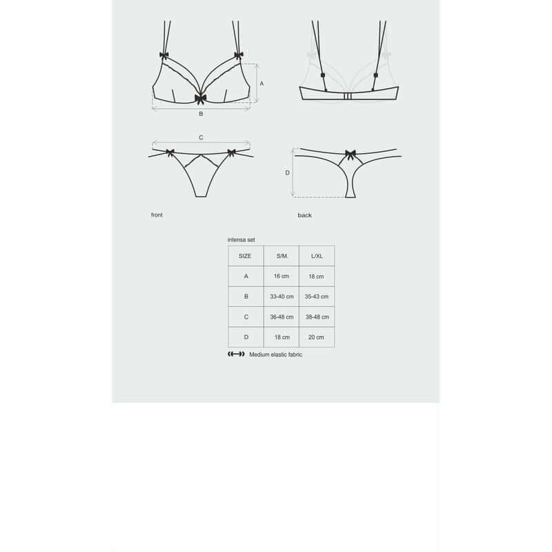 Size guide for Intensa 2 Pc Set detailing front and back designs and measurements in S, M, L.