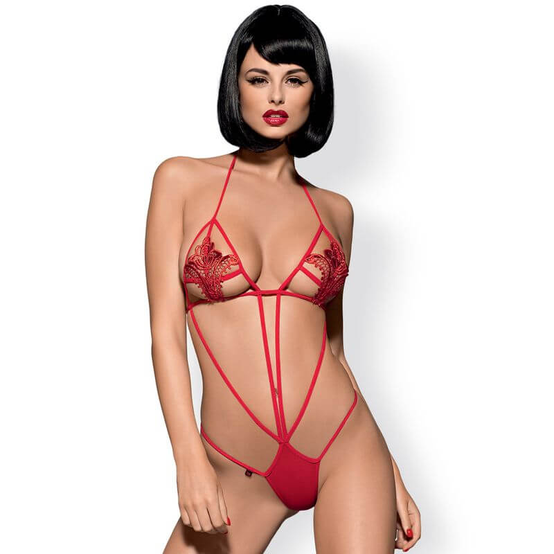 Luiza Teddy Black featuring a stunning black erotic teddy body with delicate floral embroidery on cups.