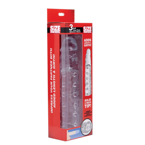 Clear penis enhancer sleeve packaging, showcasing 3 inches added length and girth for enhanced pleasure.