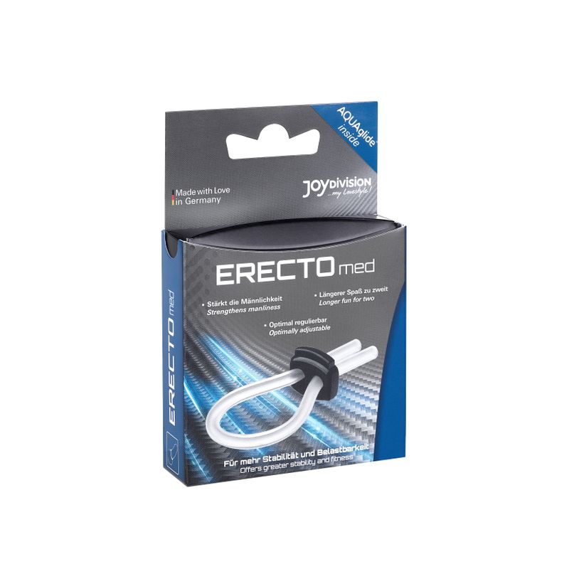 ERECTOmed Adjustable Cock Ring Clear packaging for adjustable cock ring for beginners.