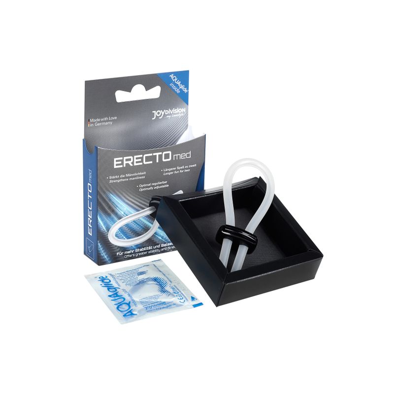 ERECTOmed adjustable cock ring for beginners in packaging with instructions and accessories.