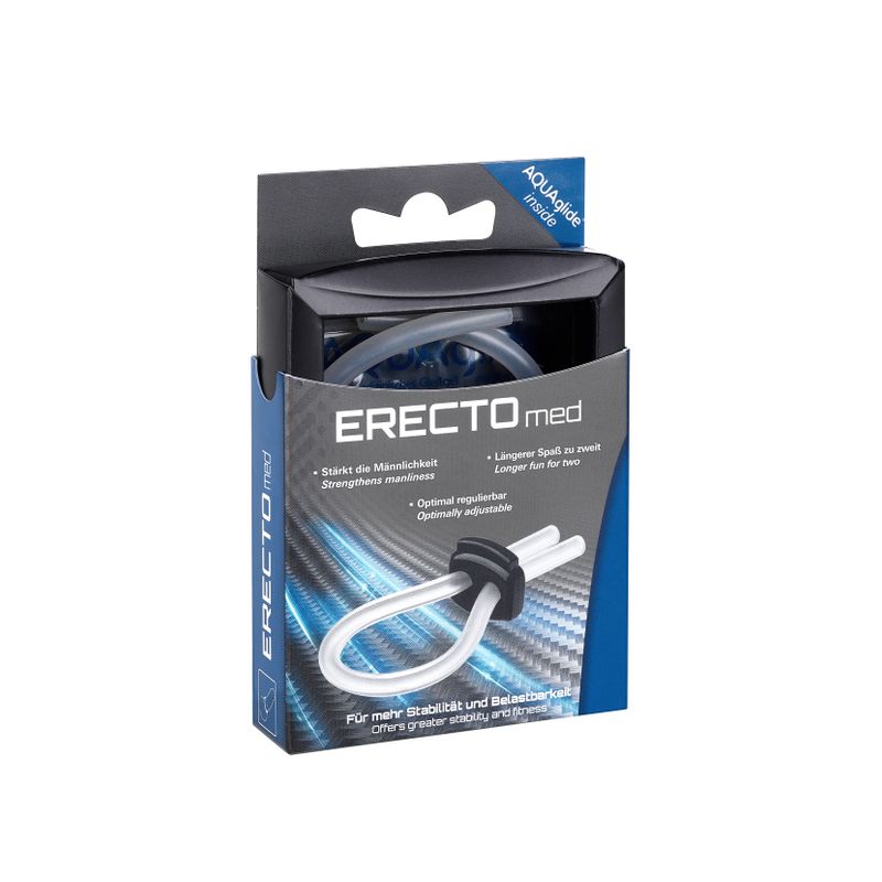 ERECTOmed Adjustable Cock Ring Clear packaging, ideal adjustable cock ring for beginners.