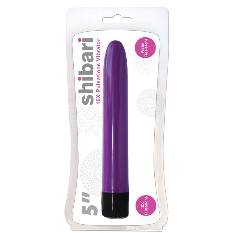 Shibari 10X Pulsations Vibrator 5in Purple packaging with water-resistant features and multi-speed control.
