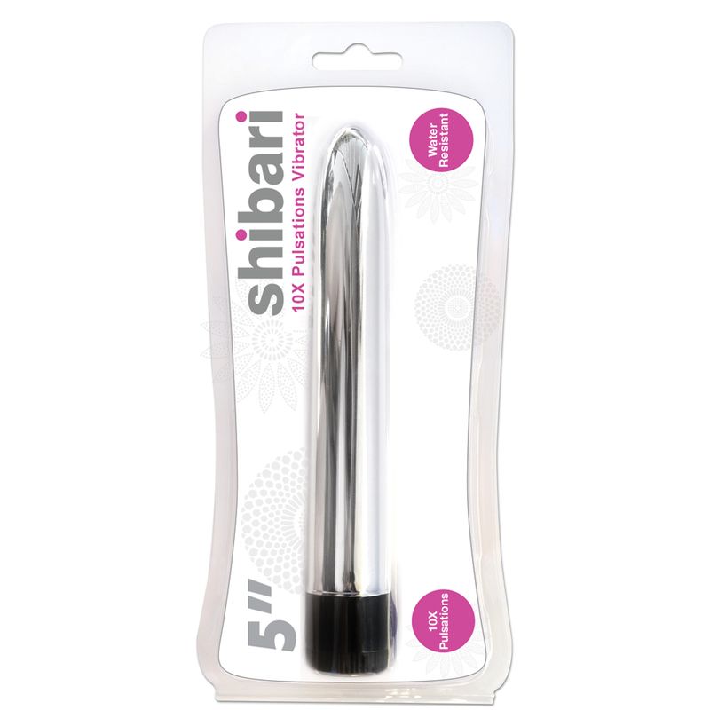 Shibari 10X Pulsations Vibrator 5in Silver packaging showcasing a sleek, water-resistant design for intimate essentials.