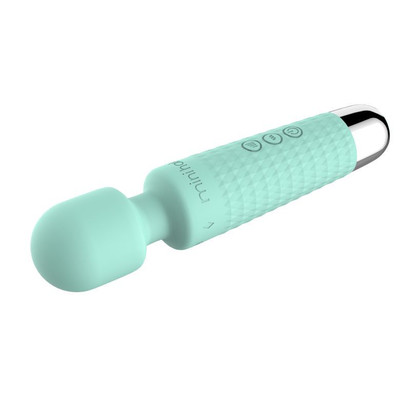 Shibari mini wand massager mint green with soft silicone design and control buttons.
