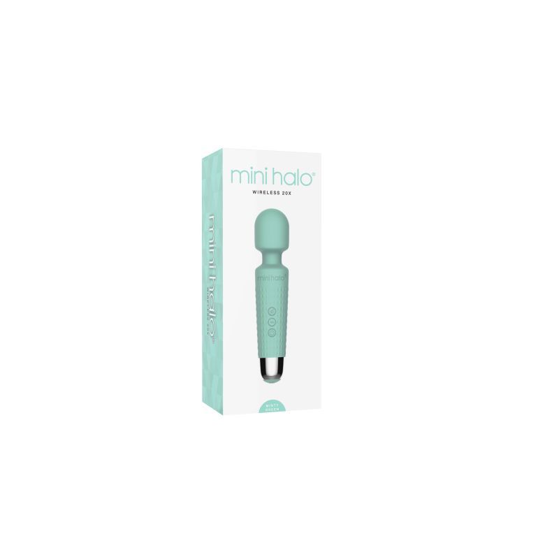 Shibari Mini Wand Halo 20X Minty Green packaging for mini wand massager mint green with wireless features.