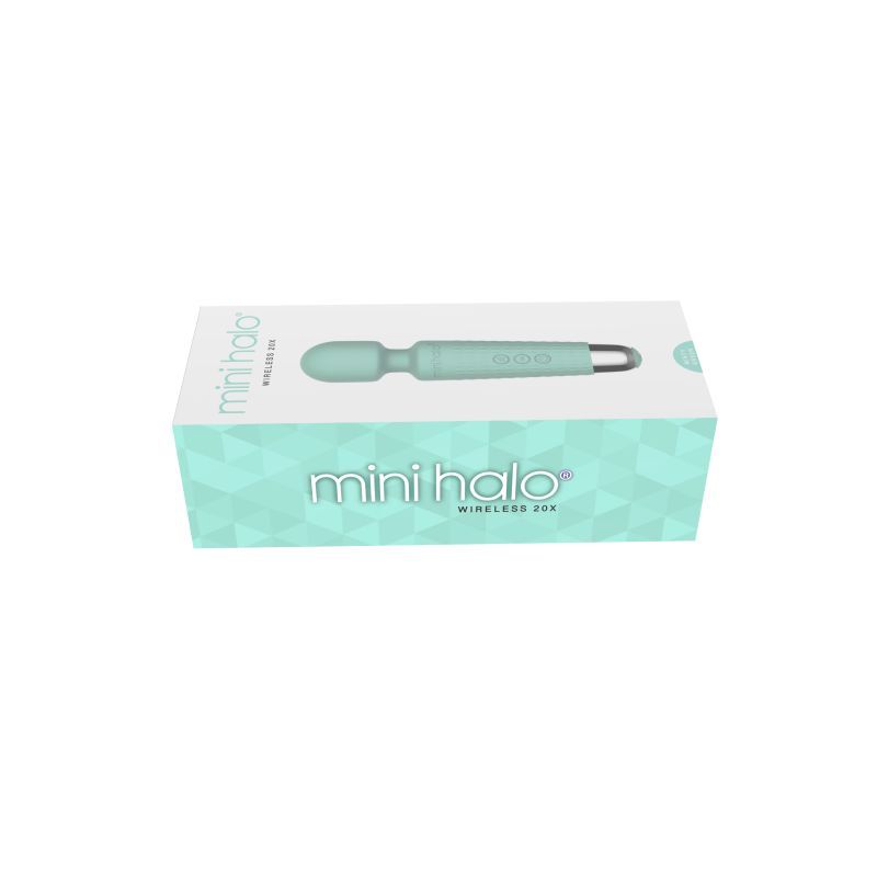 Shibari Mini Wand Halo 20X Minty Green packaging for mini wand massager mint green with a unique design.