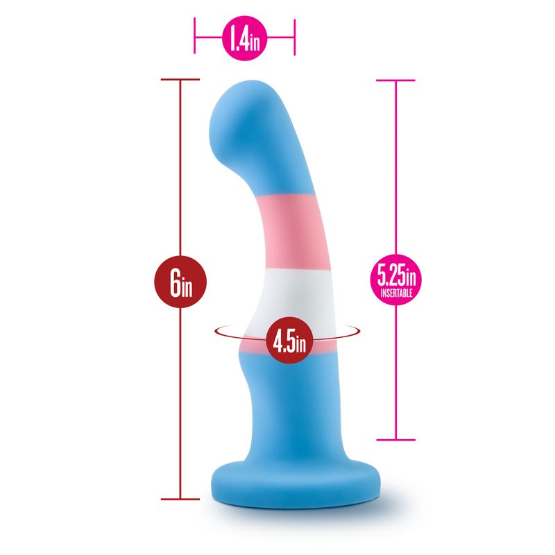 Avant Pride P2 True Blue Silicone Dildo with dimensions 6in height and 5.25in insertable length for pleasure.