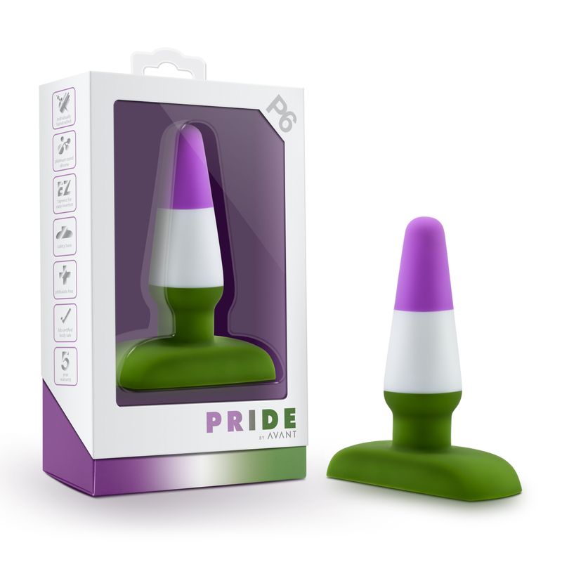 Avant Pride P6 silicone butt plug displayed in colorful packaging, showcasing its unique design and safe materials.