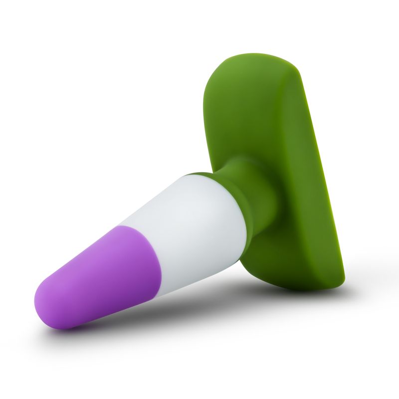Avant Pride P6 Beyond Silicone Butt Plug in green and purple, made of body-safe silicone.