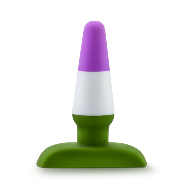 Avant Pride P6 Beyond Silicone Butt Plug in green and purple color, designed for pleasure and safety.