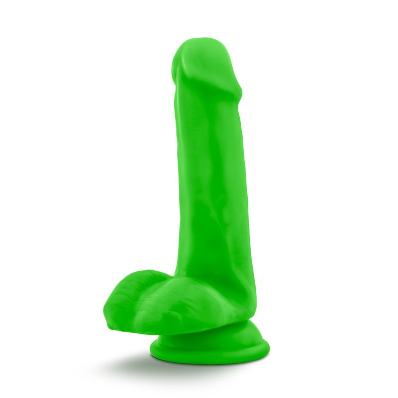 Neo Dual Density Cock With Balls 6in Neon Green, a neon dual density dildo with suction cup base and realistic design.