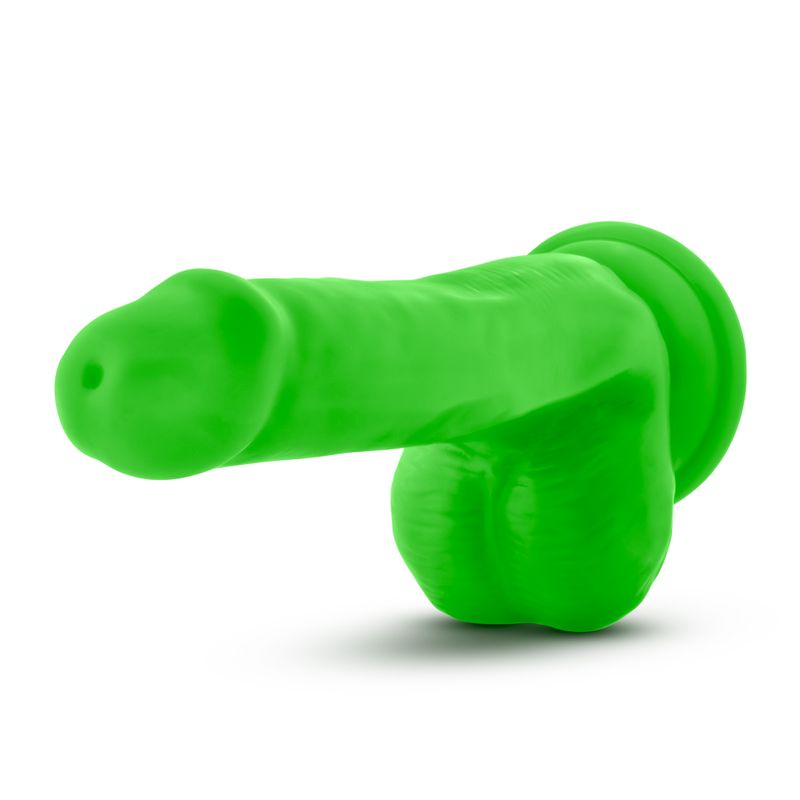 Neo dual density dildo in neon green with balls, featuring sturdy suction cup base for versatility.