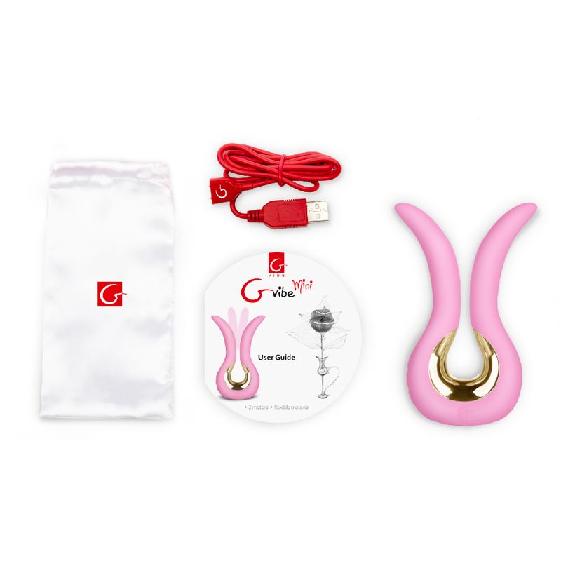 Gvibe Mini vibrator in Candy Pink with user guide, charging cable, and storage pouch.