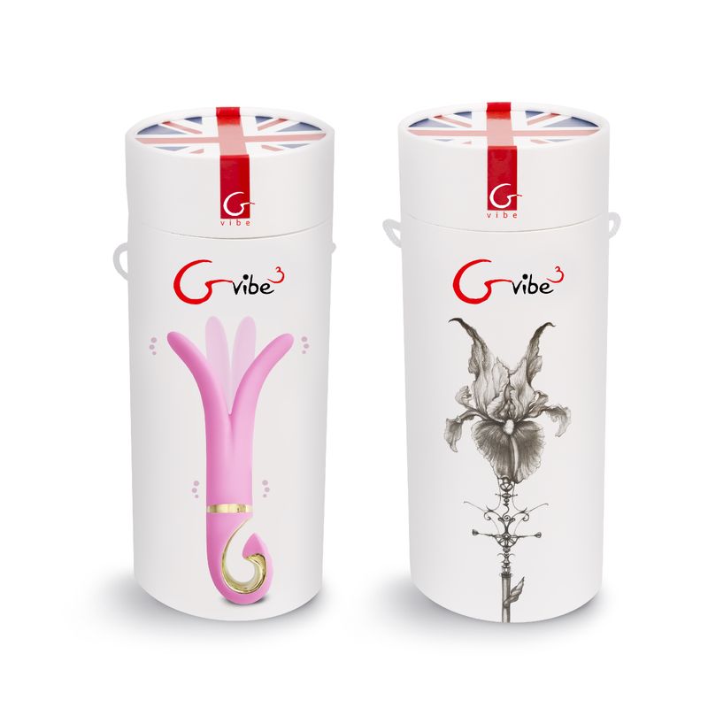 GVibe3 double vibrator packaging featuring pink design and elegant floral graphics.
