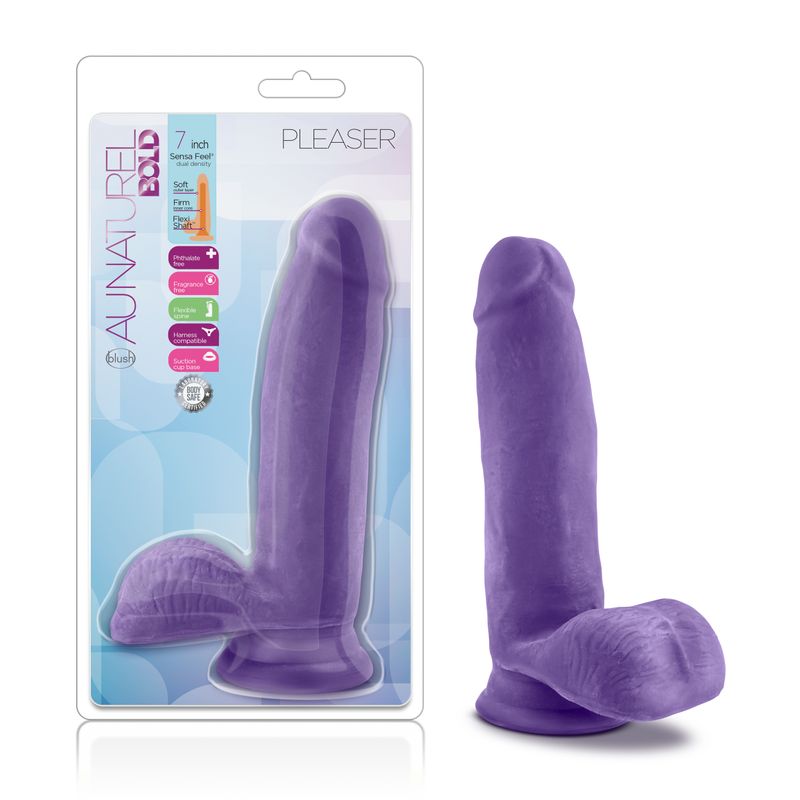 Au Naturel Bold Pleaser 7in ultra-realistic dildo in purple packaging, showcasing its lifelike design and features.