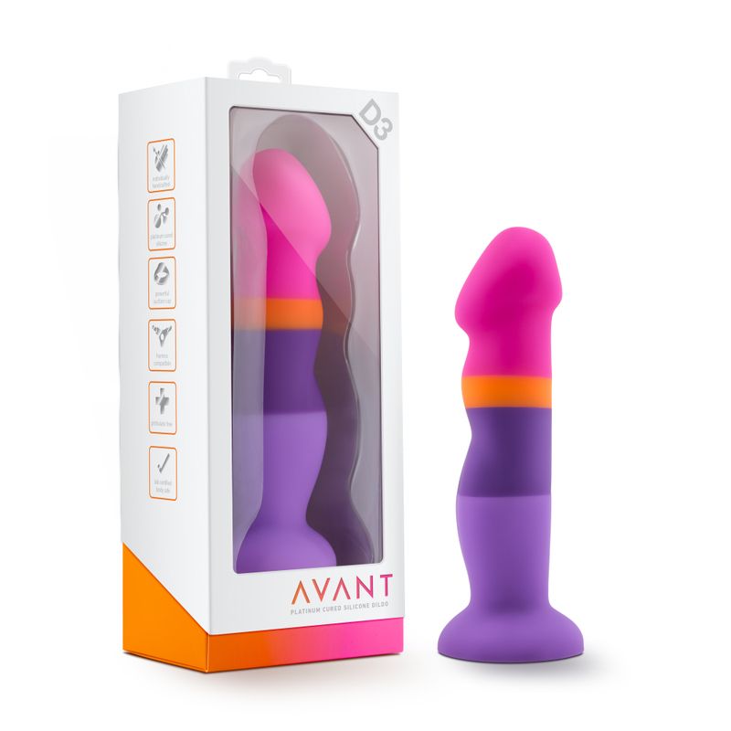 Avant D3 silicone dildo in vibrant purple and pink packaging with artisanal design details.