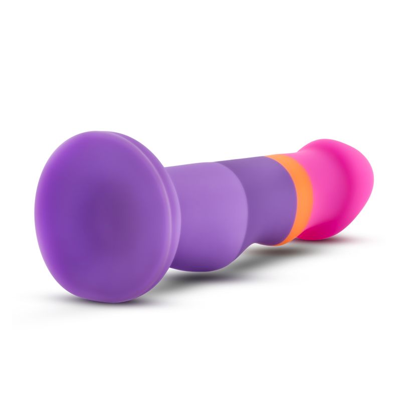 Avant D3 silicone dildo in colorful purple and pink design with unique curves and ridges for added pleasure.