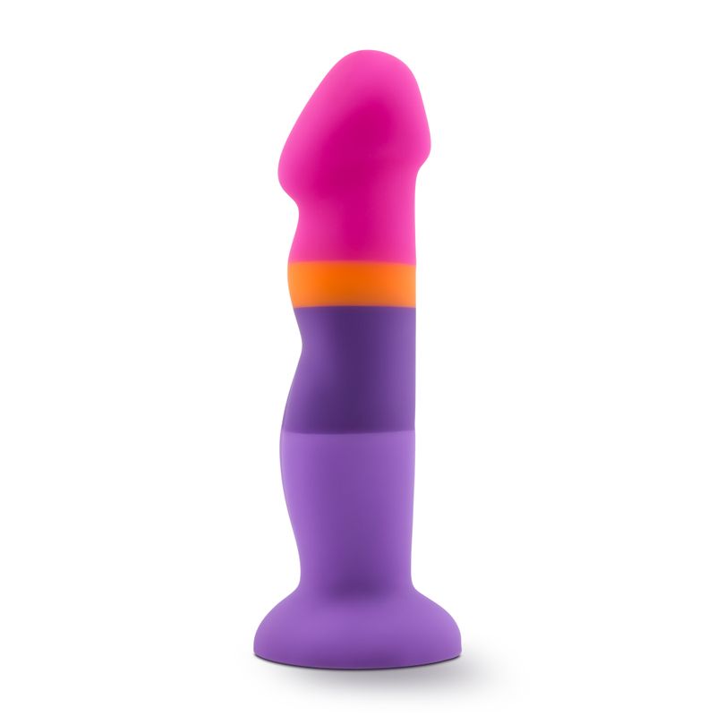 Avant D3 silicone dildo in vibrant pink, orange, and purple colors with a unique, hand-sculpted design.