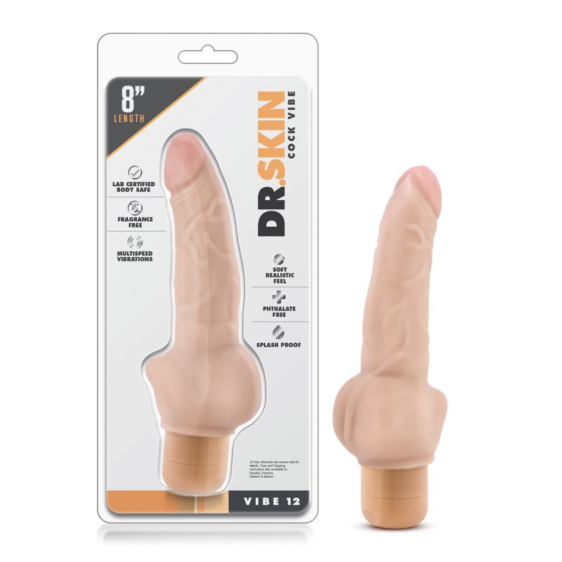 Dr Skin Cock Vibe 12 8in Vibrating Cock Beige displayed in packaging with vibe features and specifications.